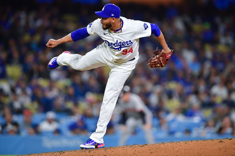 Apr 3, 2024; Los Angeles, California, USA; Los Angeles Dodgers starting pitcher Dinelson Lamet (94) throws against the San Francisco Giants during the ninth inning at Dodger Stadium. Mandatory Credit: Gary A. Vasquez-USA TODAY Sports