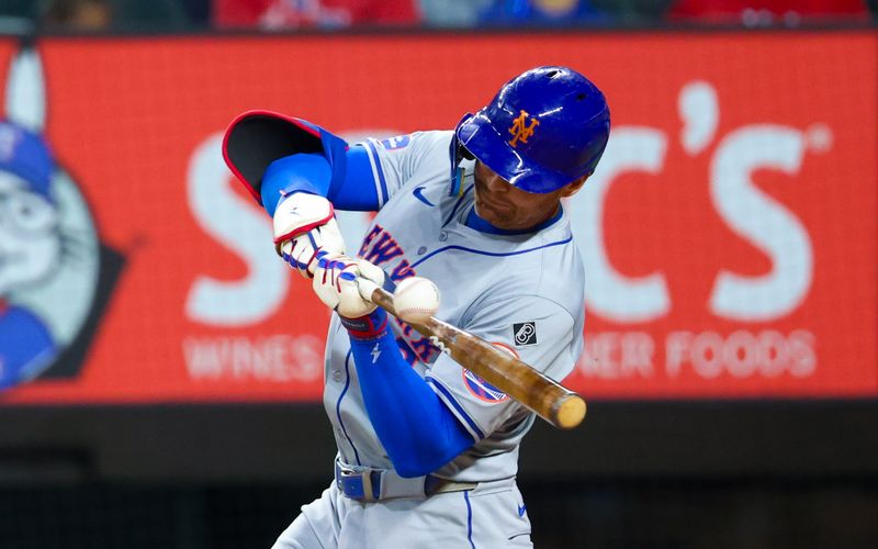 Jun 19, 2024; Arlington, Texas, USA; New York Mets left fielder Brandon Nimmo (9) doubles during the fourth inning against the Texas Rangers at Globe Life Field. Mandatory Credit: Kevin Jairaj-USA TODAY Sports