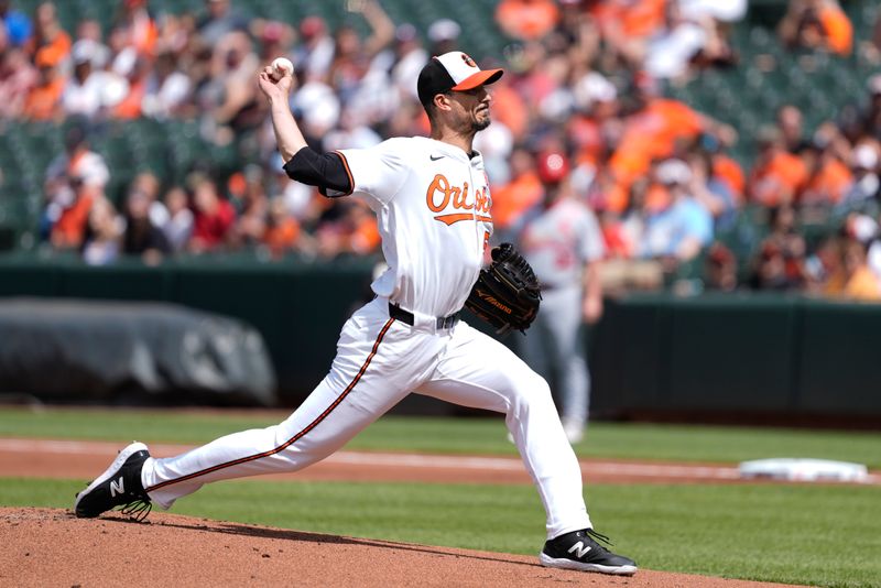 May 26, 2025; Baltimore, Maryland, USA; Baltimore Orioles pitcher Charlie Morton (50) delivers a pitch against the St. Louis Cardinals during the first inning at Oriole Park at Camden Yards. Mandatory Credit: Gregory Fisher-Imagn Images