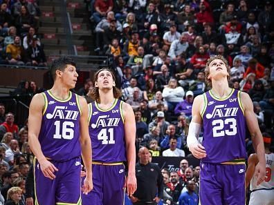 SALT LAKE CITY, UT - DECEMBER 13:  Simone Fontecchio #16 of the Utah Jazz Kelly Olynyk #41 of the Utah Jazz & Lauri Markkanen #23 of the Utah Jazz looks on during the game on December 13, 2023 at vivint.SmartHome Arena in Salt Lake City, Utah. NOTE TO USER: User expressly acknowledges and agrees that, by downloading and or using this Photograph, User is consenting to the terms and conditions of the Getty Images License Agreement. Mandatory Copyright Notice: Copyright 2023 NBAE (Photo by Melissa Majchrzak/NBAE via Getty Images)