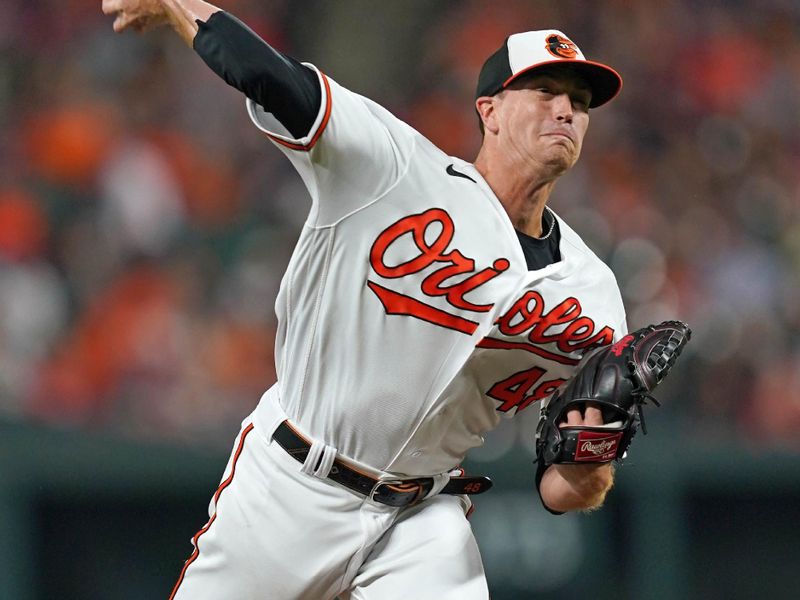 Aug 24, 2023; Baltimore, Maryland, USA; Baltimore Orioles pitcher Kyle Gibson (48) delivers in the first inning against the Toronto Blue Jays at Oriole Park at Camden Yards. Mandatory Credit: Mitch Stringer-USA TODAY Sports