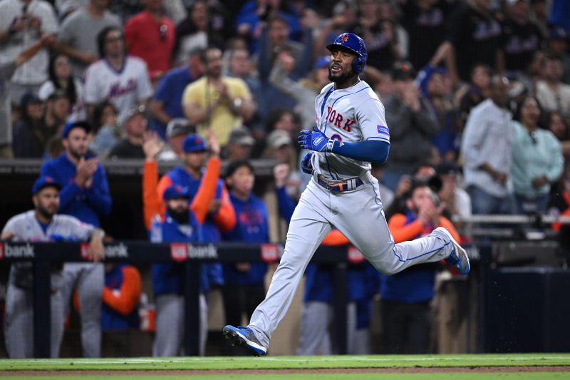 Jul 7, 2023; San Diego, California, USA; New York Mets right fielder Starling Marte (6) advances home to score a run against the San Diego Padres during the 10th inning at Petco Park. Mandatory Credit: Orlando Ramirez-USA TODAY Sports