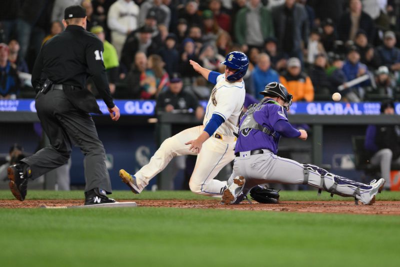 Apr 16, 2023; Seattle, Washington, USA; Seattle Mariners first baseman Ty France (23) scores a run off an RBI single hit by Seattle Mariners right fielder Jarred Kelenic (10) (not pictured) during the sixth inning at T-Mobile Park. Mandatory Credit: Steven Bisig-USA TODAY Sports