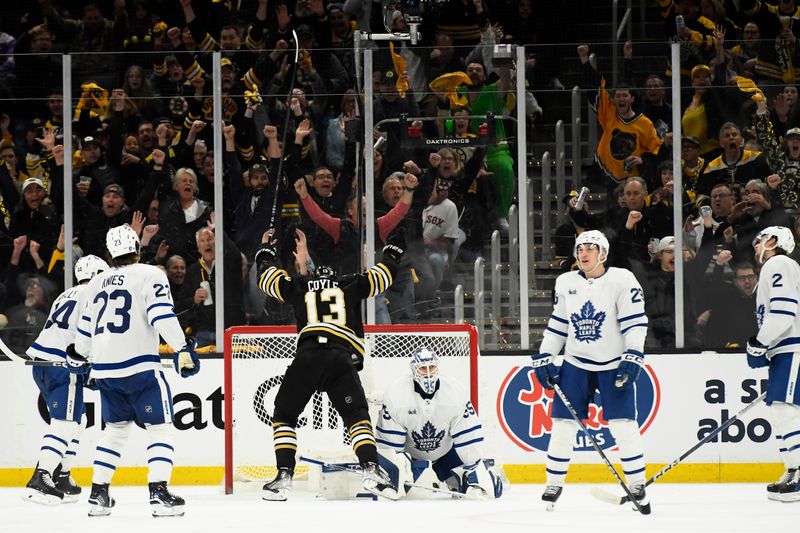 Apr 20, 2024; Boston, Massachusetts, USA; Boston Bruins center Charlie Coyle (13) reacts in front of Toronto Maple Leafs goaltender Ilya Samsonov (35 after a goal during the second period in game one of the first round of the 2024 Stanley Cup Playoffs at TD Garden. Mandatory Credit: Bob DeChiara-USA TODAY Sports