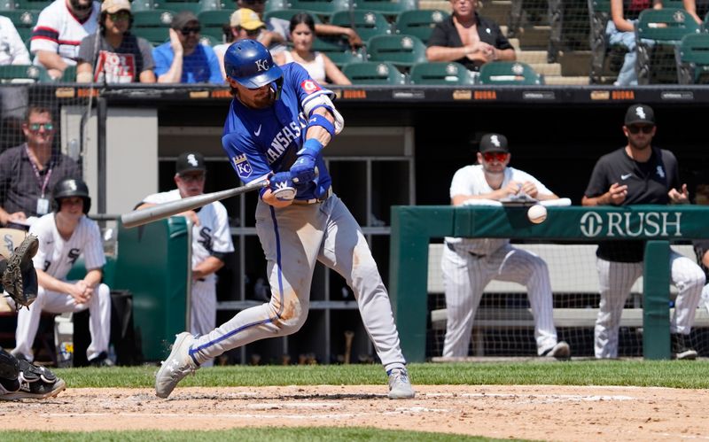 Jul 31, 2024; Chicago, Illinois, USA; Kansas City Royals shortstop Bobby Witt Jr. (7) hits a single against the Chicago White Sox during the fifth inning at Guaranteed Rate Field. Mandatory Credit: David Banks-USA TODAY Sports