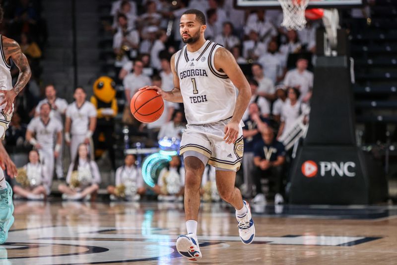 Feb 8, 2023; Atlanta, Georgia, USA; Georgia Tech Yellow Jackets guard Kyle Sturdivant (1) dribbles against the Notre Dame Fighting Irish in the second half at McCamish Pavilion. Mandatory Credit: Brett Davis-USA TODAY Sports