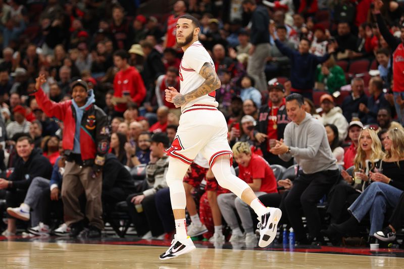 CHICAGO, ILLINOIS - OCTOBER 16: Lonzo Ball #2 of the Chicago Bulls reacts after making a three pointer against the Minnesota Timberwolves during the first half of a preseason game at the United Center on October 16, 2024 in Chicago, Illinois. NOTE TO USER: User expressly acknowledges and agrees that, by downloading and or using this photograph, User is consenting to the terms and conditions of the Getty Images License Agreement.  (Photo by Michael Reaves/Getty Images)