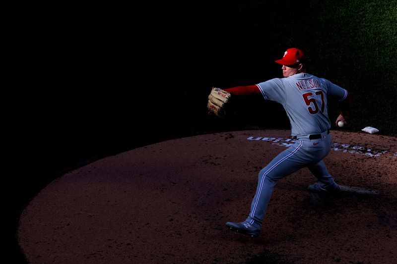 Oct 1, 2023; New York City, New York, USA; Philadelphia Phillies relief pitcher Nick Nelson (57) pitches against the New York Mets during the fourth inning at Citi Field. Mandatory Credit: Brad Penner-USA TODAY Sports