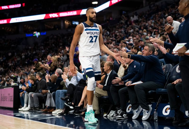 MINNEAPOLIS, MINNESOTA - APRIL 3: Rudy Gobert #27 of the Minnesota Timberwolves checks out the of the game against the Toronto Raptors in the fourth quarter at Target Center on April 3, 2024 in Minneapolis, Minnesota. NOTE TO USER: User expressly acknowledges and agrees that, by downloading and or using this photograph, User is consenting to the terms and conditions of the Getty Images License Agreement. (Photo by Stephen Maturen/Getty Images)