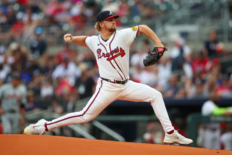 Jun 18, 2024; Atlanta, Georgia, USA; Atlanta Braves starting pitcher Spencer Schwellenbach (56) throws against the Detroit Tigers in the first inning at Truist Park. Mandatory Credit: Brett Davis-USA TODAY Sports
