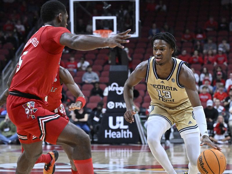 Feb 10, 2024; Louisville, Kentucky, USA; Georgia Tech Yellow Jackets guard Miles Kelly (13) dribbles against Louisville Cardinals forward Brandon Huntley-Hatfield (5) during the first half at KFC Yum! Center. Louisville defeated Georgia Tech 79-67. Mandatory Credit: Jamie Rhodes-USA TODAY Sports