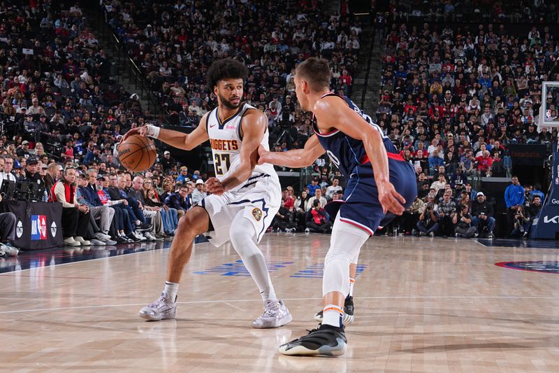 DENVER, CO - APRIL 26: Jamal Murray #27 of the Denver Nuggets dribbles the ball during the game against the LA Clippers during Round One Game Four of the 2025 NBA Playoffs on April 26, 2025 at Ball Arena in Denver, Colorado. NOTE TO USER: User expressly acknowledges and agrees that, by downloading and/or using this Photograph, user is consenting to the terms and conditions of the Getty Images License Agreement. Mandatory Copyright Notice: Copyright 2025 NBAE (Photo by Garrett Ellwood/NBAE via Getty Images)
