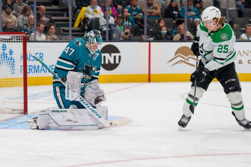 Jan 18, 2023; San Jose, California, USA;  San Jose Sharks goaltender James Reimer (47) makes a save against Dallas Stars left wing Joel Kiviranta (25) during the third period at SAP Center at San Jose. Mandatory Credit: Neville E. Guard-USA TODAY Sports