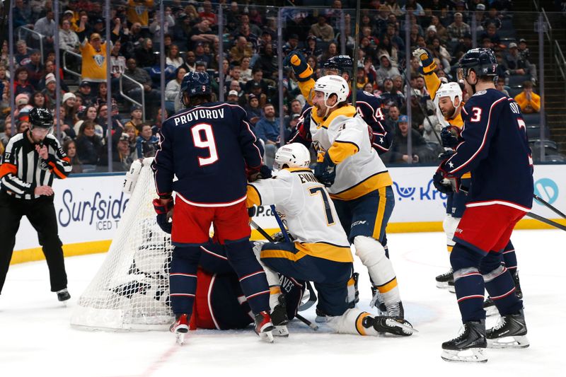 Mar 3, 2026; Columbus, Ohio, USA; Nashville Predators left wing Filip Forsberg (9) celebrates his goal against the Columbus Blue Jackets during the first period at Nationwide Arena. Mandatory Credit: Russell LaBounty-Imagn Images