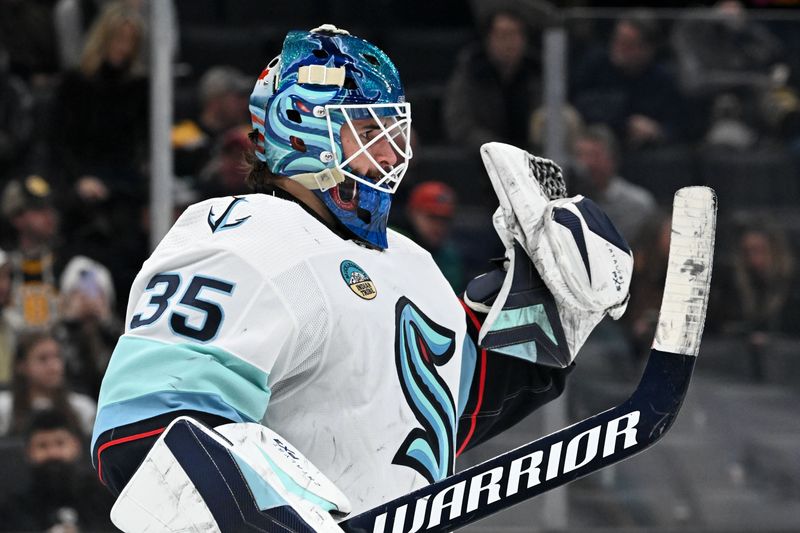 Feb 15, 2024; Boston, Massachusetts, USA; Seattle Kraken goaltender Joey Daccord (35) reacts after a game against the Boston Bruins during the third period at the TD Garden. Mandatory Credit: Brian Fluharty-USA TODAY Sports