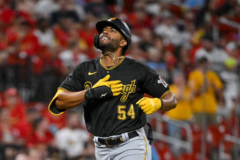 Sep 2, 2023; St. Louis, Missouri, USA;  Pittsburgh Pirates pinch hitter Joshua Palacios (54) reacts after hitting a go ahead two run home run against the St. Louis Cardinals during the ninth inning at Busch Stadium. Mandatory Credit: Jeff Curry-USA TODAY Sports