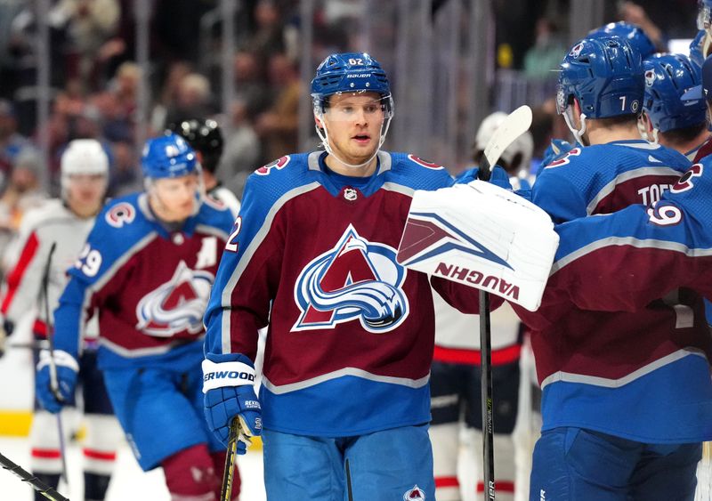 Jan 24, 2023; Denver, Colorado, USA; Colorado Avalanche left wing Artturi Lehkonen (62) celebrates his goal in the first period against the Washington Capitals at Ball Arena. Mandatory Credit: Ron Chenoy-USA TODAY Sports