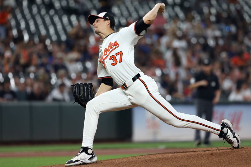 Sep 18, 2025; Baltimore, Maryland, USA; Baltimore Orioles pitcher Cade Povich (37) throws during the first inning against the New York Yankees at Oriole Park at Camden Yards. Mandatory Credit: Daniel Kucin Jr.-Imagn Images