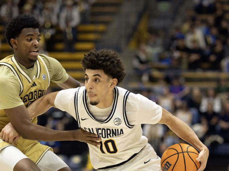 Feb 4, 2026; Berkeley, California, USA; California Golden Bears guard Justin Pippen (10) drives past Georgia Tech Yellow Jackets guard Chas Kelley III (7) during the second half at Haas Pavilion. Mandatory Credit: D. Ross Cameron-Imagn Images