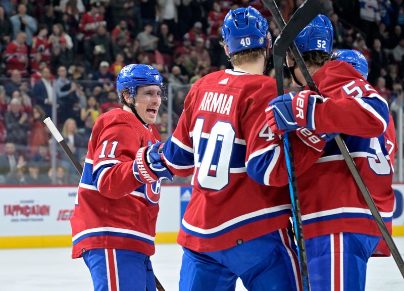 Apr 16, 2024; Montreal, Quebec, CAN; Montreal Canadiens forward Brendan Gallagher (11) celebrates with teammates including forward Joel Armia (40) after scoring a goal against the Detroit Red Wings during the second period at the Bell Centre. Mandatory Credit: Eric Bolte-USA TODAY Sports