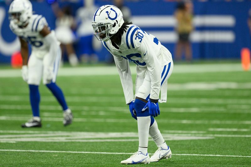 Indianapolis Colts cornerback Darius Rush (30) lines up on defense during an NFL football game against the Chicago Bears, Saturday, Aug. 19, 2023, in Indianapolis. (AP Photo/Zach Bolinger)