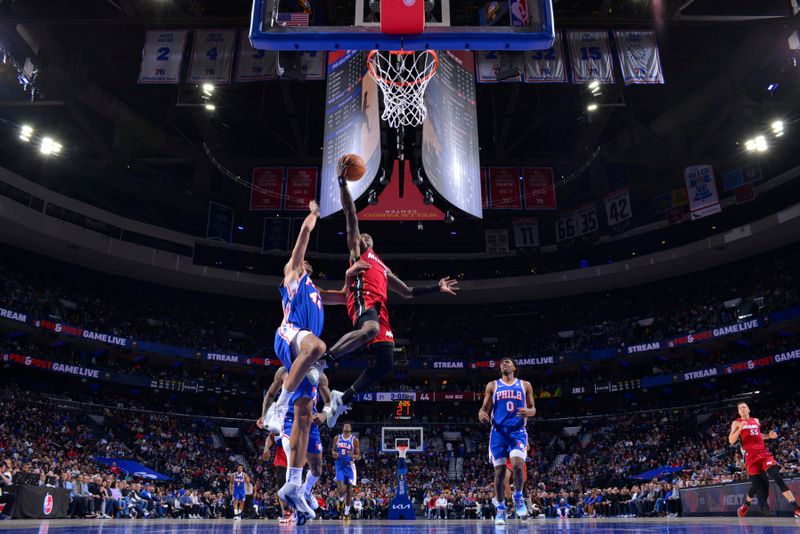 PHILADELPHIA, PA - MARCH 18:  Terry Rozier #2 of the Miami Heat drives to the basket during the game against the Philadelphia 76ers on March 18, 2024 at the Wells Fargo Center in Philadelphia, Pennsylvania NOTE TO USER: User expressly acknowledges and agrees that, by downloading and/or using this Photograph, user is consenting to the terms and conditions of the Getty Images License Agreement. Mandatory Copyright Notice: Copyright 2024 NBAE (Photo by Jesse D. Garrabrant/NBAE via Getty Images)