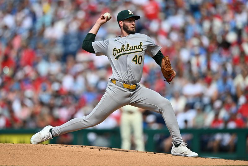 Jul 13, 2024; Philadelphia, Pennsylvania, USA; Oakland Athletics starting pitcher Mitch Spence (40) throws a pitch against the Philadelphia Phillies in the first inning at Citizens Bank Park. Mandatory Credit: Kyle Ross-USA TODAY Sports