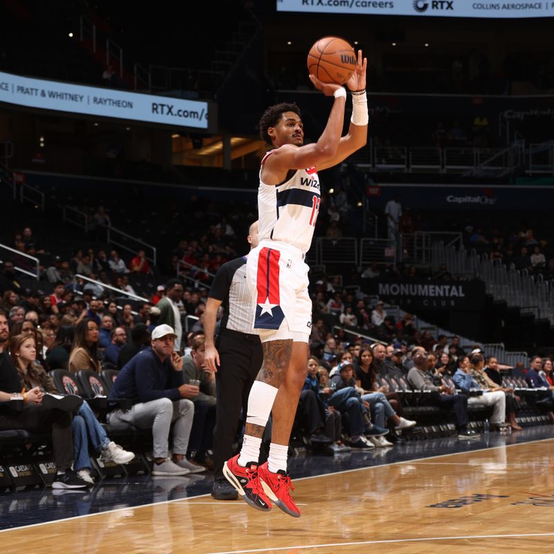 WASHINGTON, DC -? OCTOBER 11:  Jordan Poole #13 of the Washington Wizards shoots the ball during the game against the Toronto Raptors during a preseason game on October 11, 2024 at Capital One Arena in Washington, DC. NOTE TO USER: User expressly acknowledges and agrees that, by downloading and or using this Photograph, user is consenting to the terms and conditions of the Getty Images License Agreement. Mandatory Copyright Notice: Copyright 2024 NBAE (Photo by Kenny Giarla/NBAE via Getty Images)