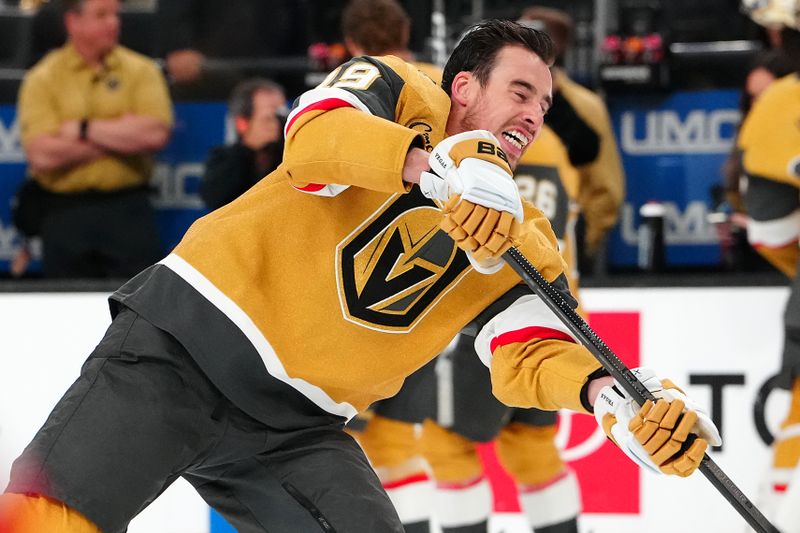 Apr 10, 2025; Las Vegas, Nevada, USA; Vegas Golden Knights right wing Reilly Smith (19) warms up before a game against the Seattle Kraken at T-Mobile Arena. Mandatory Credit: Stephen R. Sylvanie-Imagn Images