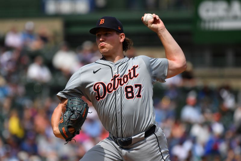 Aug 22, 2024; Chicago, Illinois, USA; Detroit Tigers starting pitcher Tyler Holton (87) pitches during the first inning against the Chicago Cubs at Wrigley Field. Mandatory Credit: Patrick Gorski-USA TODAY Sports