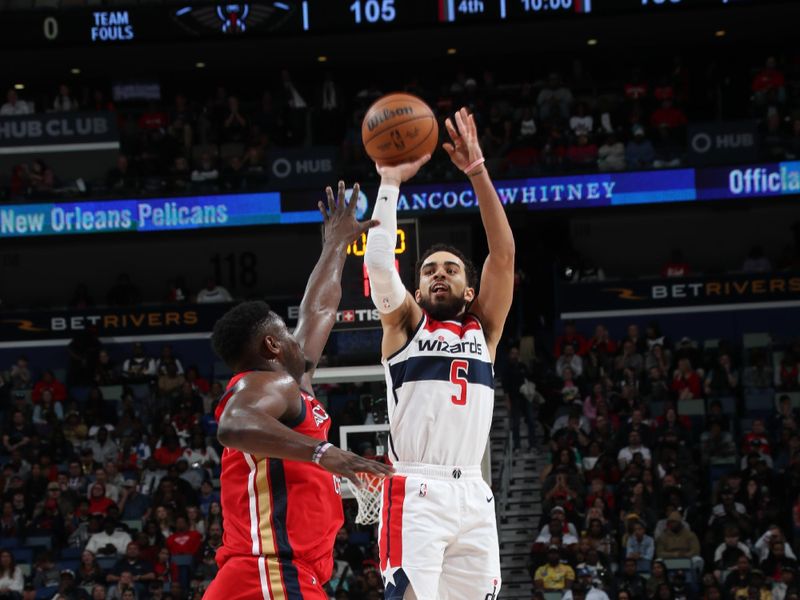 NEW ORLEANS, LA - FEBRUARY 14: Tyus Jones #5 of the Washington Wizards shoots the ball during the game against the New Orleans Pelicans on February 14, 2024 at the Smoothie King Center in New Orleans, Louisiana. NOTE TO USER: User expressly acknowledges and agrees that, by downloading and or using this Photograph, user is consenting to the terms and conditions of the Getty Images License Agreement. Mandatory Copyright Notice: Copyright 2024 NBAE (Photo by Layne Murdoch Jr./NBAE via Getty Images)