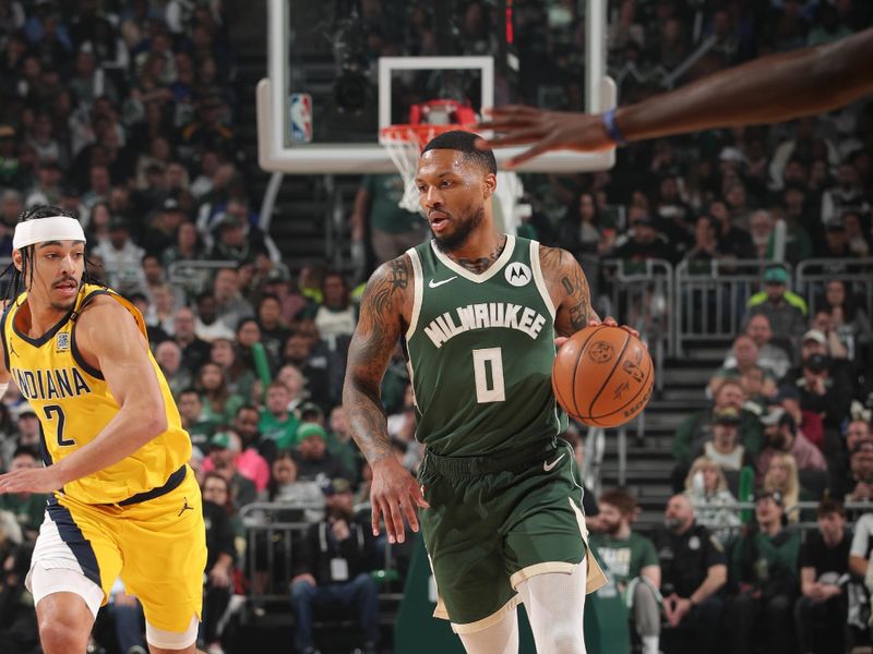 MILWAUKEE, WI - APRIL 21: Damian Lillard #0 of the Milwaukee Bucks dribbles the ball during the game against the Indiana Pacers during Round 1 Game 1 of the 2024 NBA Playoffs on April 21, 2024 at the Fiserv Forum Center in Milwaukee, Wisconsin. NOTE TO USER: User expressly acknowledges and agrees that, by downloading and or using this Photograph, user is consenting to the terms and conditions of the Getty Images License Agreement. Mandatory Copyright Notice: Copyright 2024 NBAE (Photo by Gary Dineen/NBAE via Getty Images).