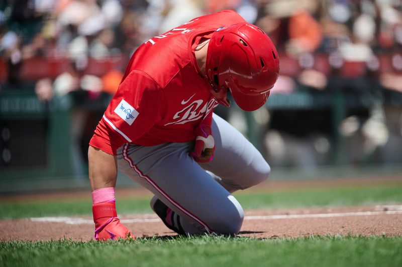 May 12, 2024; San Francisco, California, USA; Cincinnati Reds outfielder TJ Friedl (29) reacts after being hit by a pitch against the San Francisco Giants during the first inning at Oracle Park. Mandatory Credit: Robert Edwards-USA TODAY Sports