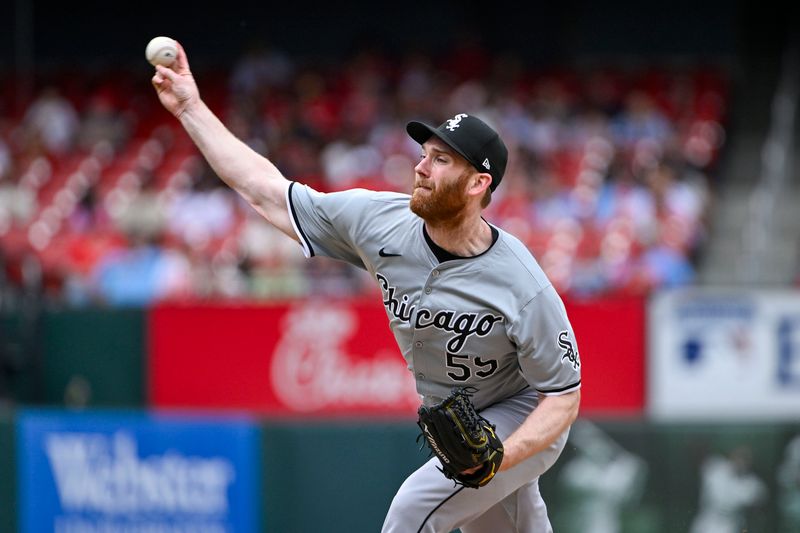 May 5, 2024; St. Louis, Missouri, USA;  Chicago White Sox relief pitcher John Brebbia (59) pitches against the St. Louis Cardinals during the ninth inning at Busch Stadium. Mandatory Credit: Jeff Curry-USA TODAY Sports