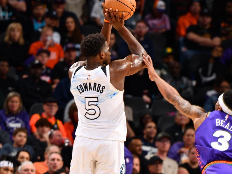 PHOENIX, AZ - MARCH 2: Anthony Edwards #5 of the Minnesota Timberwolves shoots the ball during the game against the Phoenix Suns on March 2, 2025 at PHX Arena in Phoenix, Arizona. NOTE TO USER: User expressly acknowledges and agrees that, by downloading and or using this photograph, user is consenting to the terms and conditions of the Getty Images License Agreement. Mandatory Copyright Notice: Copyright 2025 NBAE (Photo by Barry Gossage/NBAE via Getty Images)