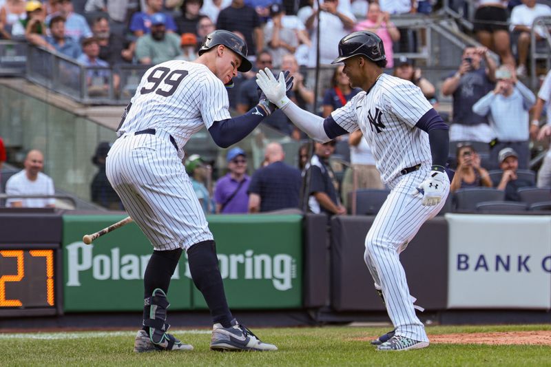 Aug 11, 2024; Bronx, New York, USA; New York Yankees right fielder Juan Soto (22) celebrates with center fielder Aaron Judge (99) after his solo home run during the seventh inning against the Texas Rangers at Yankee Stadium. Mandatory Credit: Vincent Carchietta-USA TODAY Sports