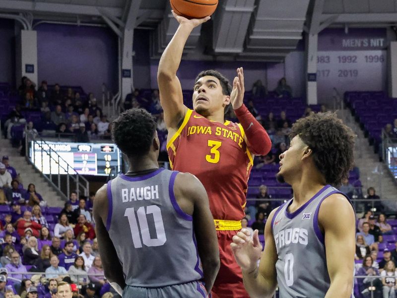 Jan 7, 2023; Fort Worth, Texas, USA; Iowa State Cyclones guard Tamin Lipsey (3) shoots over TCU Horned Frogs guard Damion Baugh (10) during the second half at Ed and Rae Schollmaier Arena. Mandatory Credit: Andrew Dieb-USA TODAY Sports