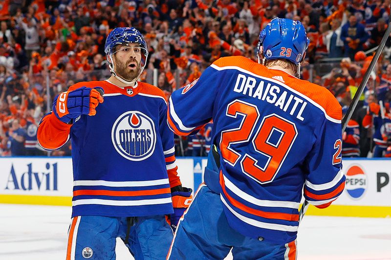 May 14, 2024; Edmonton, Alberta, CAN;The Edmonton Oilers celebrate a goal scored by forward Leon Draisaitl (29) during the first period against the Vancouver Canucks in game four of the second round of the 2024 Stanley Cup Playoffs at Rogers Place. Mandatory Credit: Perry Nelson-USA TODAY Sports