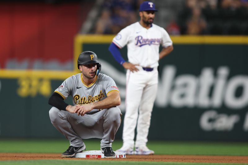 Aug 19, 2024; Arlington, Texas, USA; Pittsburgh Pirates designated hitter Joey Bart (14) stands on second base in the fourth inning against the Texas Rangers at Globe Life Field. Mandatory Credit: Tim Heitman-USA TODAY Sports