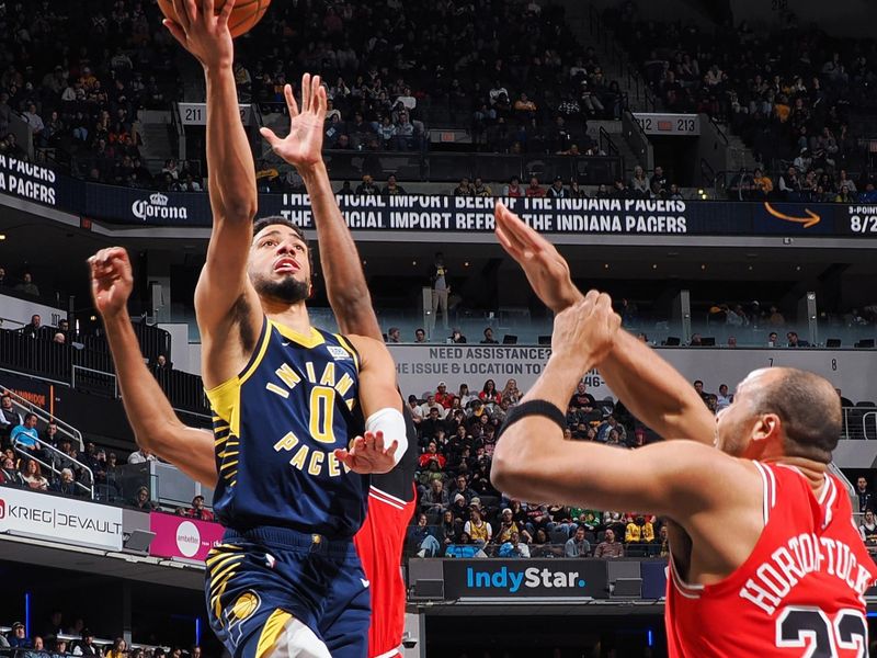 INDIANAPOLIS, IN - JANUARY 8: Tyrese Haliburton #0 of the Indiana Pacers drives to the basket during the game against the Chicago Bulls on January 8, 2025 at Gainbridge Fieldhouse in Indianapolis, Indiana. NOTE TO USER: User expressly acknowledges and agrees that, by downloading and or using this Photograph, user is consenting to the terms and conditions of the Getty Images License Agreement. Mandatory Copyright Notice: Copyright 2025 NBAE (Photo by Ron Hoskins/NBAE via Getty Images)