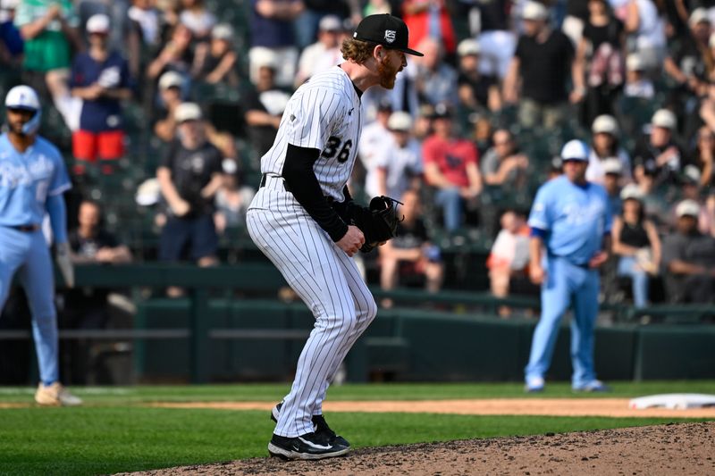 Jun 7, 2025; Chicago, Illinois, USA;  Chicago White Sox pitcher Steven Wilson (36) yells after closing out the eighth inning against the Kansas City Royals at Rate Field. Mandatory Credit: Matt Marton-Imagn Images