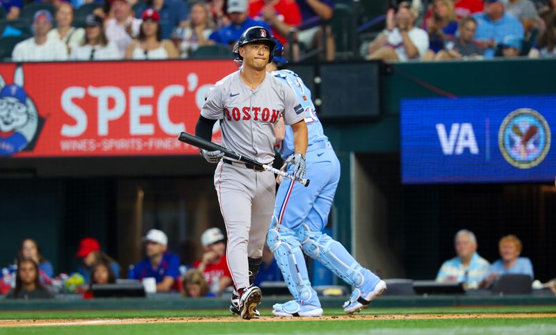 Aug 4, 2024; Arlington, Texas, USA; Boston Red Sox left fielder Rob Refsnyder (30) reacts after striking out during the first inning against the Texas Rangers at Globe Life Field. Mandatory Credit: Kevin Jairaj-USA TODAY Sports