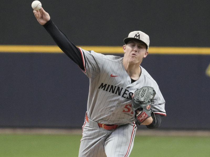 May 18, 2025; Milwaukee, Wisconsin, USA; Minnesota Twins pitcher Zebby Matthews (52) delivers a pitch against the Milwaukee Brewers in the first inning at American Family Field. Mandatory Credit: Michael McLoone-Imagn Images
