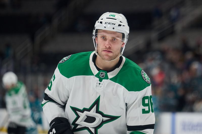Dec 18, 2025; San Jose, California, USA; Dallas Stars right wing Mikko Rantanen (96) warms up before the game against the San Jose Sharks at SAP Center at San Jose. Mandatory Credit: Robert Edwards-Imagn Images