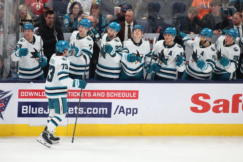 Jan 16, 2025; Columbus, Ohio, USA;  San Jose Sharks center Tyler Toffoli (73) celebrates his goal during the third period against the Columbus Blue Jackets at Nationwide Arena. Mandatory Credit: Joseph Maiorana-Imagn Images