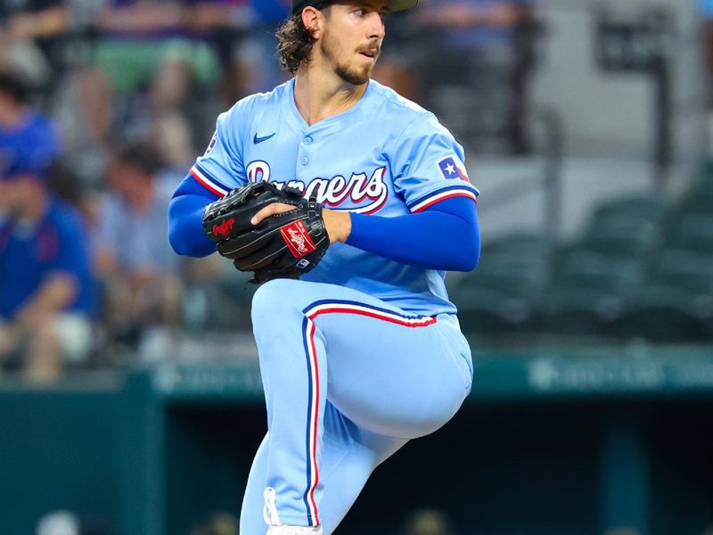 May 19, 2024; Arlington, Texas, USA; Texas Rangers pitcher Michael Lorenzen (23) throws during the first inning against the Los Angeles Angels at Globe Life Field. Mandatory Credit: Kevin Jairaj-USA TODAY Sports