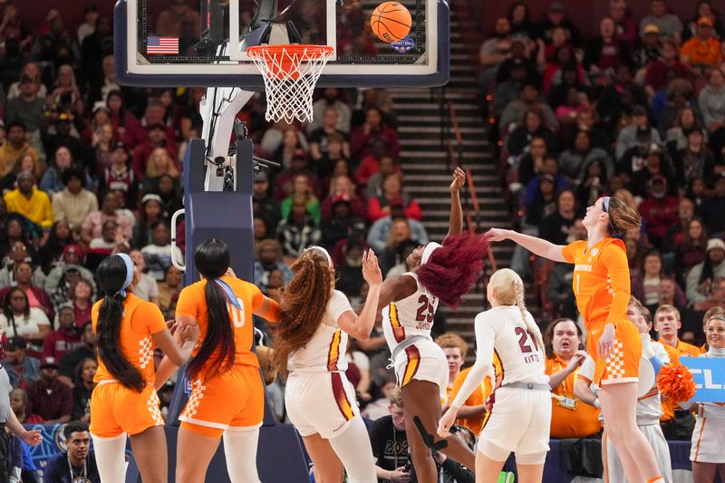 Mar 9, 2024; Greensville, SC, USA; South Carolina Gamecocks guard Raven Johnson (25) scores against the Tennessee Lady Vols during the first half at Bon Secours Wellness Arena. Mandatory Credit: Jim Dedmon-USA TODAY Sports