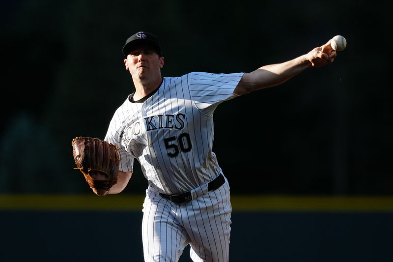 May 29, 2024; Denver, Colorado, USA; Colorado Rockies pitcher Ty Blach (50) delivers a pitch in the first inning against the Cleveland Guardians at Coors Field. Mandatory Credit: Ron Chenoy-USA TODAY Sports