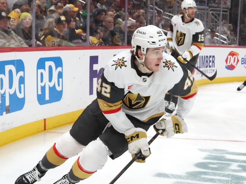 Mar 1, 2026; Pittsburgh, Pennsylvania, USA; Vegas Golden Knights right wing Braeden Bowman (42) moves the puck  against the Pittsburgh Penguins during the third period at PPG Paints Arena. Mandatory Credit: Charles LeClaire-Imagn Images