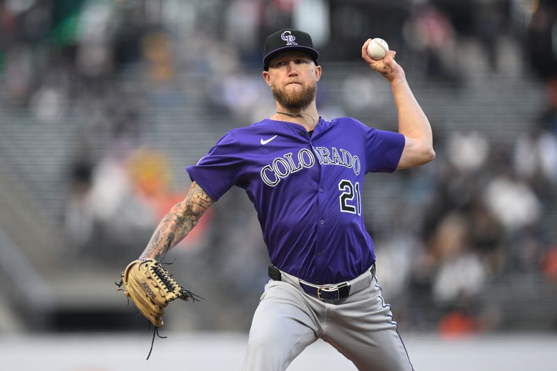 May 1, 2025; San Francisco, California, USA; Colorado Rockies starting pitcher Kyle Freeland (21) throws against the San Francisco Giants in the first inning at Oracle Park. Mandatory Credit: Eakin Howard-Imagn Images